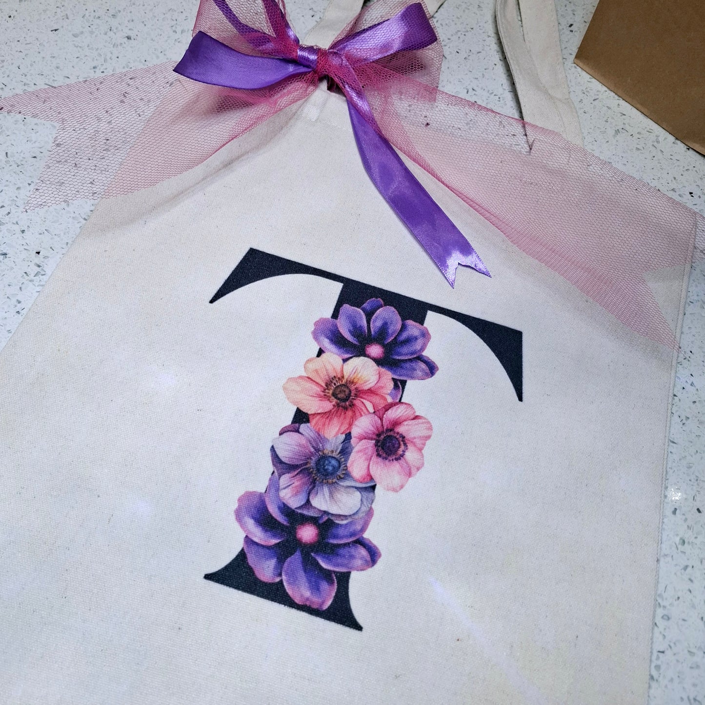 Monogram Flower Print Tote Bag
